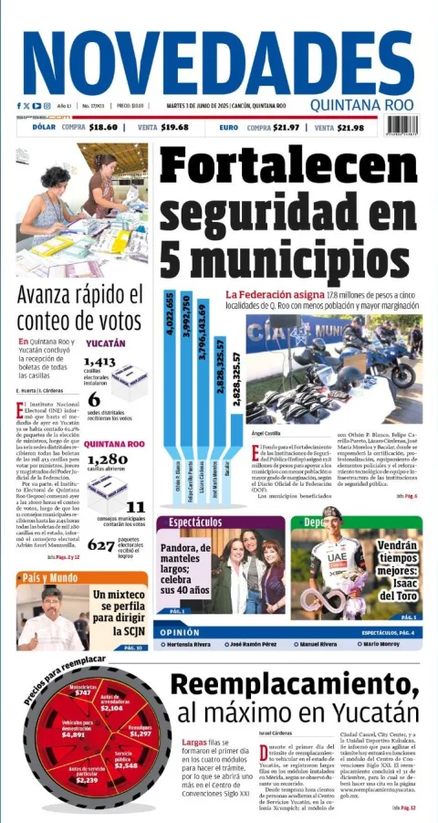 Portada de Novedades Quintana Roo del martes, 3 de junio de 2025