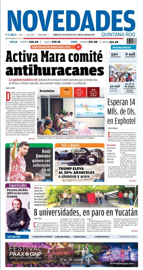Portada de Novedades Quintana Roo del miércoles, 4 de junio de 2025