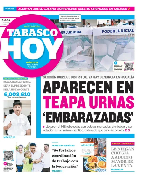 Portada de Tabasco Hoy del miércoles, 4 de junio de 2025