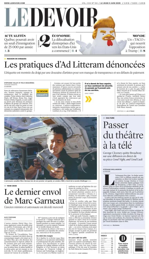 Portada de Le Devoir del jueves, 5 de junio de 2025
