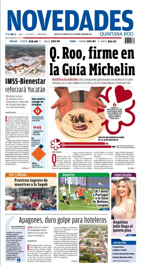 Portada de Novedades Quintana Roo del jueves, 5 de junio de 2025