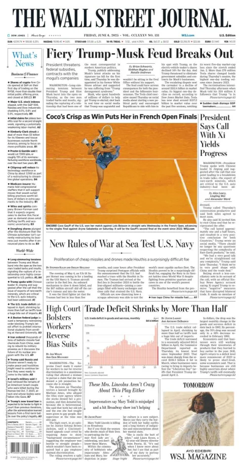 Portada de The Wall Street Journal del viernes, 6 de junio de 2025