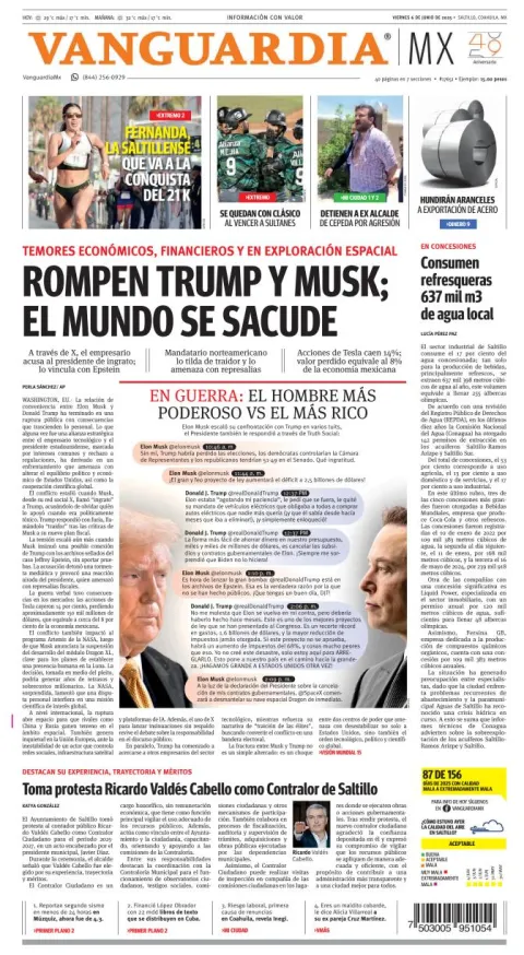 Portada de Vanguardia del viernes, 6 de junio de 2025
