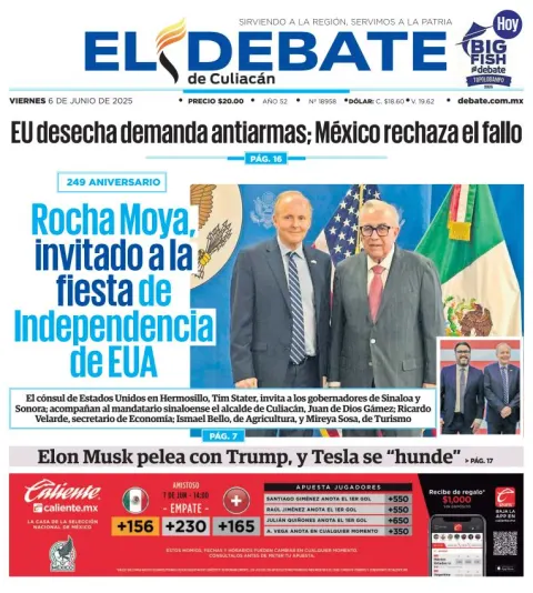 Portada de El Debate de Culiacan del viernes, 6 de junio de 2025