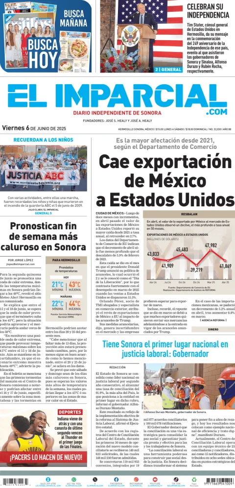 Portada de El Imparcial del viernes, 6 de junio de 2025