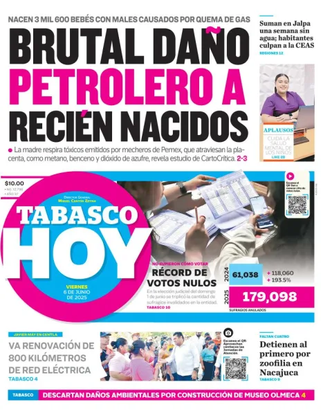 Portada de Tabasco Hoy del viernes, 6 de junio de 2025