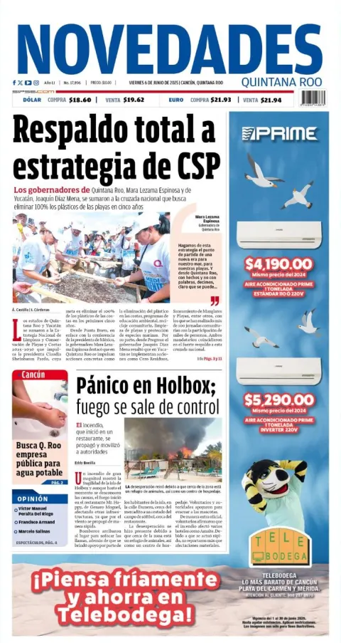 Portada de Novedades Quintana Roo del viernes, 6 de junio de 2025