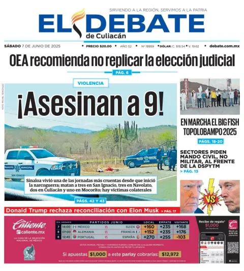 Portada de El Debate de Culiacan del sábado, 7 de junio de 2025