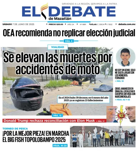 Portada de El Debate de Mazatlan del sábado, 7 de junio de 2025