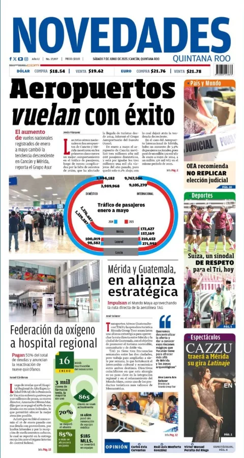 Portada de Novedades Quintana Roo del sábado, 7 de junio de 2025