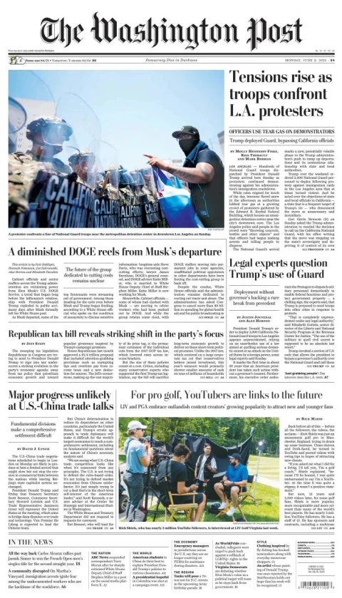 Portada de The Washington Post del lunes, 9 de junio de 2025