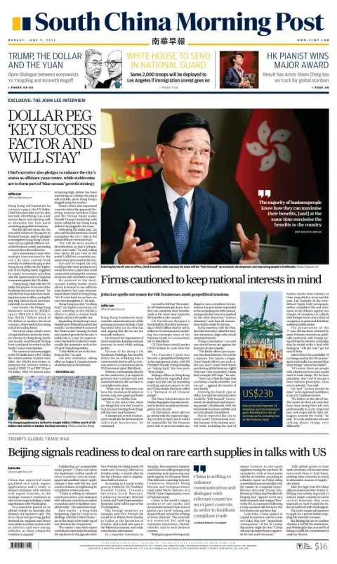 Portada de South China Morning Post del lunes, 9 de junio de 2025