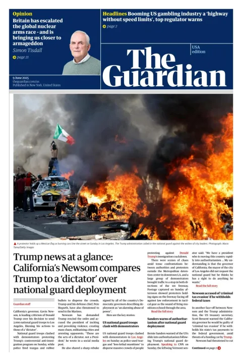 Portada de The Guardian (usa) del lunes, 9 de junio de 2025