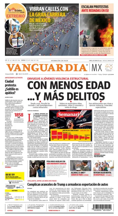 Portada de Vanguardia del lunes, 9 de junio de 2025