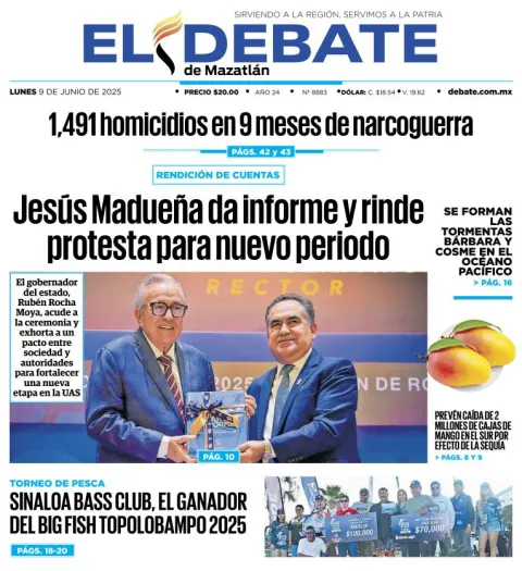 Portada de El Debate de Mazatlan del lunes, 9 de junio de 2025