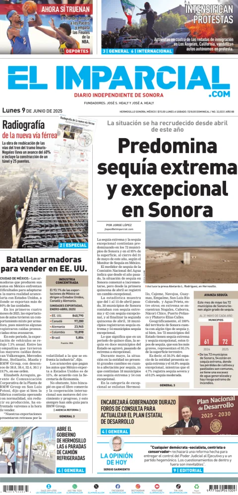 Portada de El Imparcial del lunes, 9 de junio de 2025