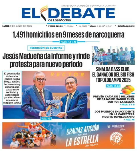 Portada de El Debate de los Mochis del lunes, 9 de junio de 2025
