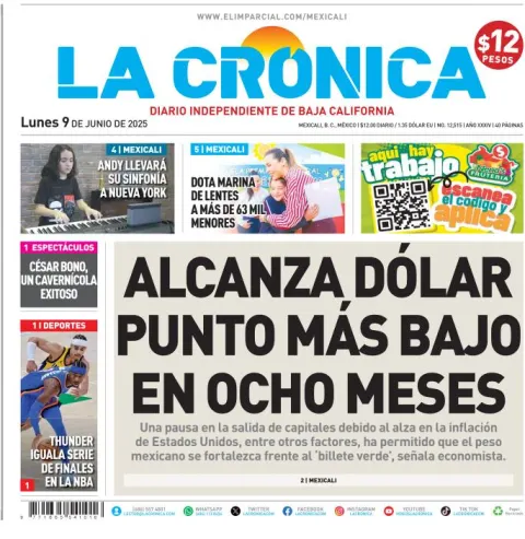 Portada de La Cronica del lunes, 9 de junio de 2025