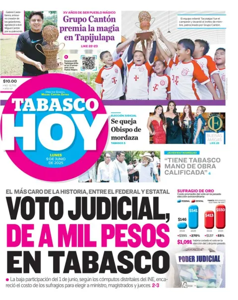 Portada de Tabasco Hoy del lunes, 9 de junio de 2025