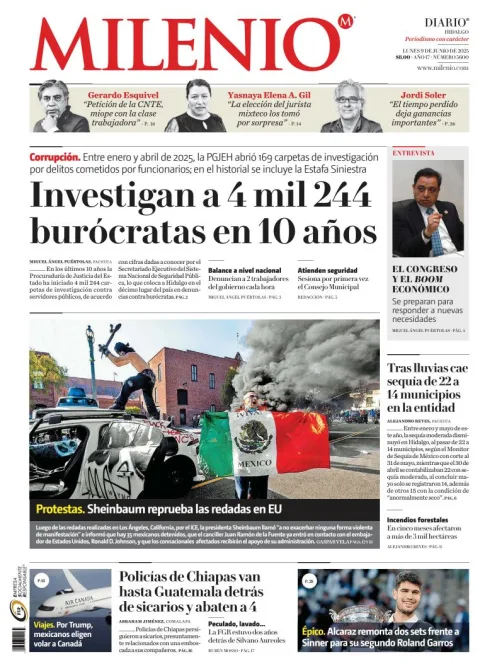 Portada de Milenio Hidalgo del lunes, 9 de junio de 2025