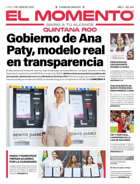 Portada de El Momento Quintana Roo del lunes, 9 de junio de 2025