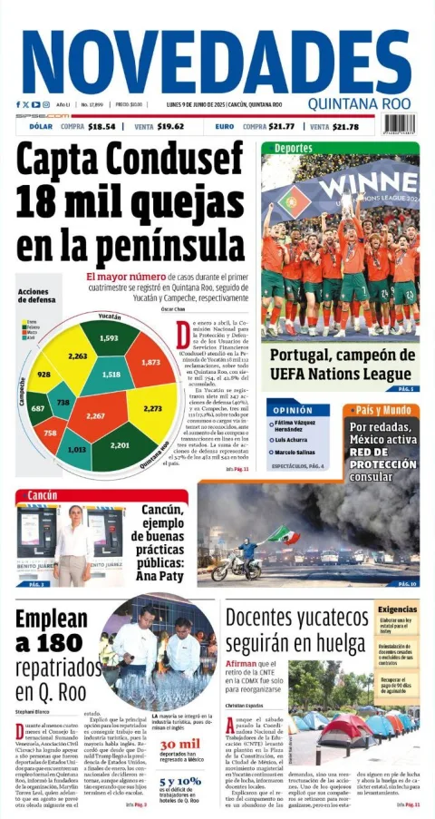 Portada de Novedades Quintana Roo del lunes, 9 de junio de 2025