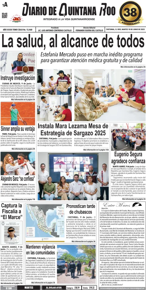 Portada de Diario de Quintana Roo (portada) del martes, 10 de junio de 2025