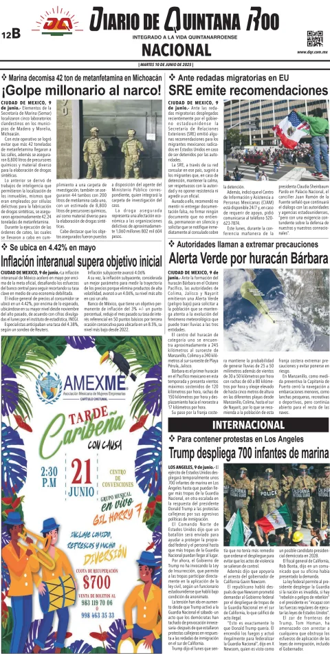 Portada de Diario de Quintana Roo (contra Portada) del martes, 10 de junio de 2025