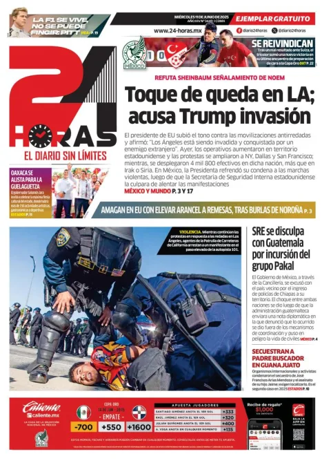 Portada de 24 Horas del miércoles, 11 de junio de 2025