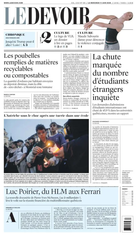 Portada de Le Devoir del miércoles, 11 de junio de 2025