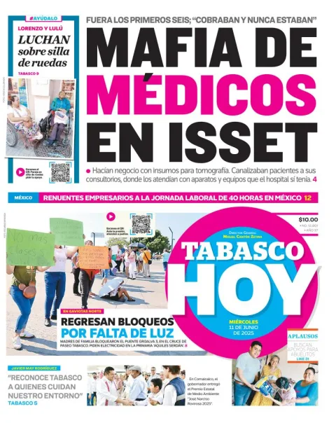 Portada de Tabasco Hoy del miércoles, 11 de junio de 2025