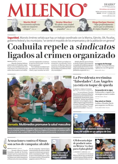 Portada de Milenio Laguna del miércoles, 11 de junio de 2025