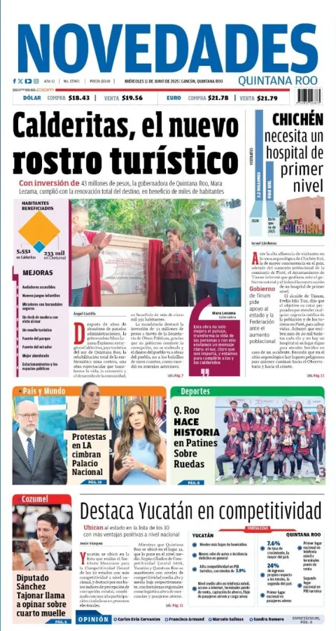 Portada de Novedades Quintana Roo del miércoles, 11 de junio de 2025
