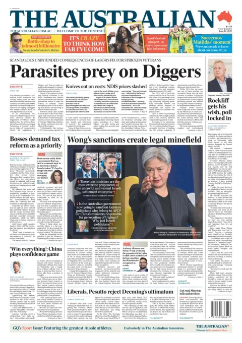 Portada de The Australian del jueves, 12 de junio de 2025