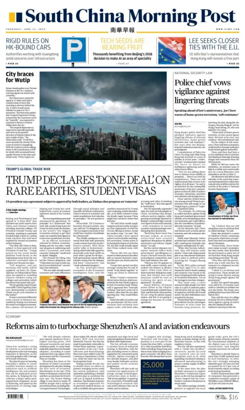 Portada de South China Morning Post del jueves, 12 de junio de 2025