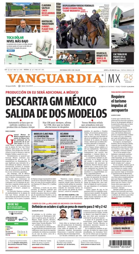 Portada de Vanguardia del jueves, 12 de junio de 2025