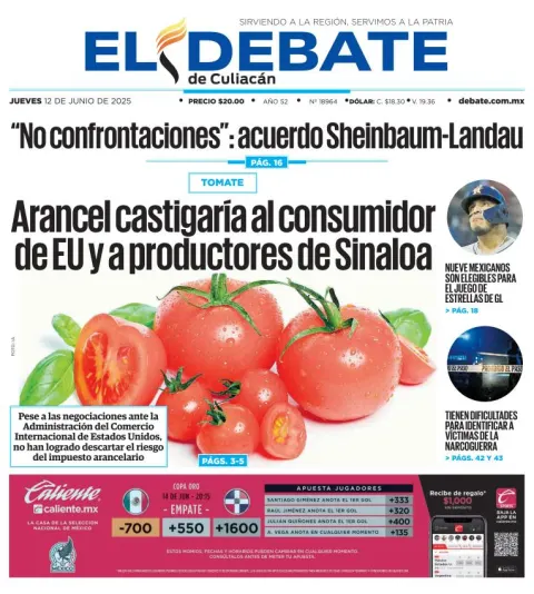 Portada de El Debate de Culiacan del jueves, 12 de junio de 2025