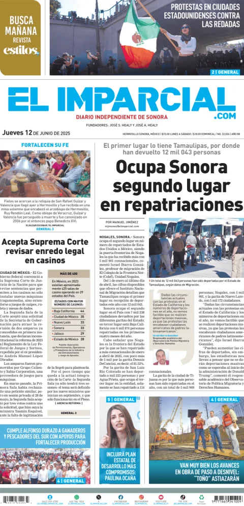 Portada de El Imparcial del jueves, 12 de junio de 2025
