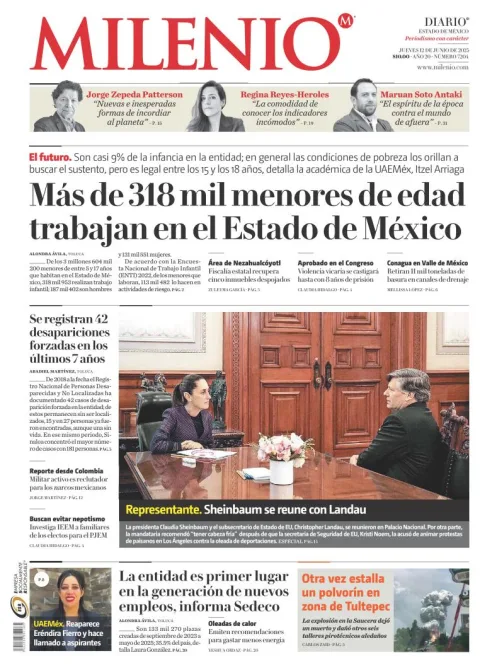 Portada de Milenio Edo de Mexico del jueves, 12 de junio de 2025