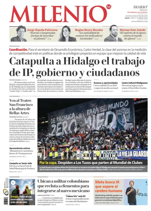 Portada de Milenio Hidalgo del jueves, 12 de junio de 2025