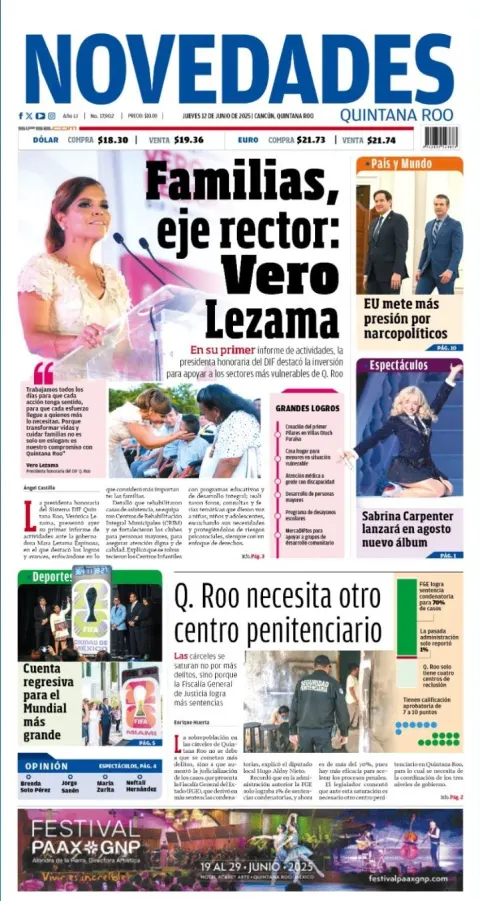 Portada de Novedades Quintana Roo del jueves, 12 de junio de 2025