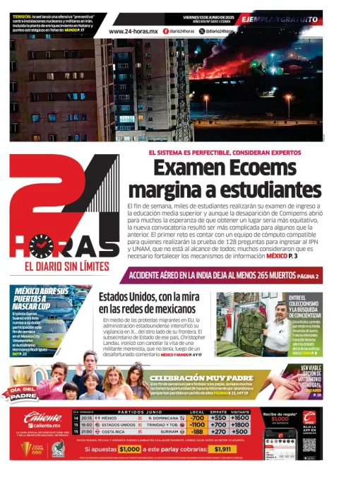 Portada de 24 Horas del viernes, 13 de junio de 2025