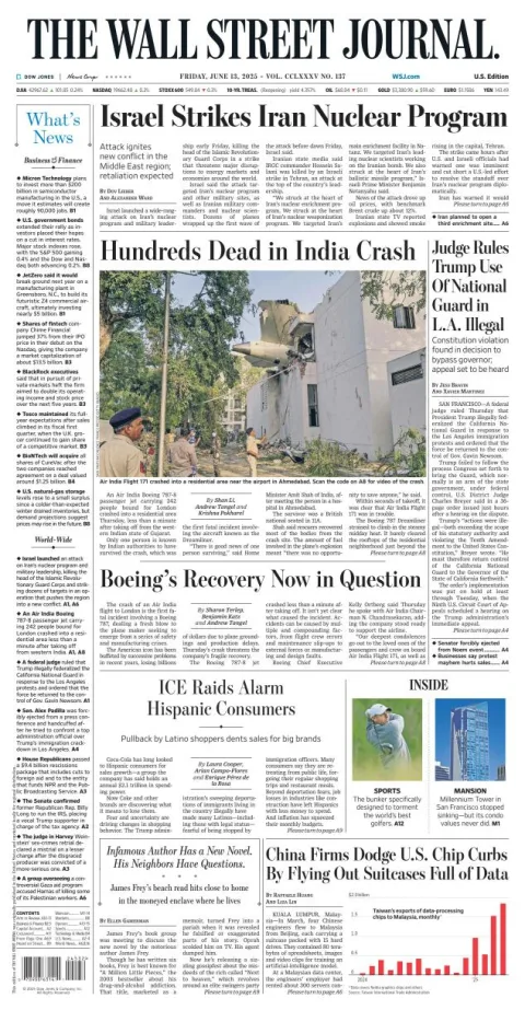 Portada de The Wall Street Journal del viernes, 13 de junio de 2025