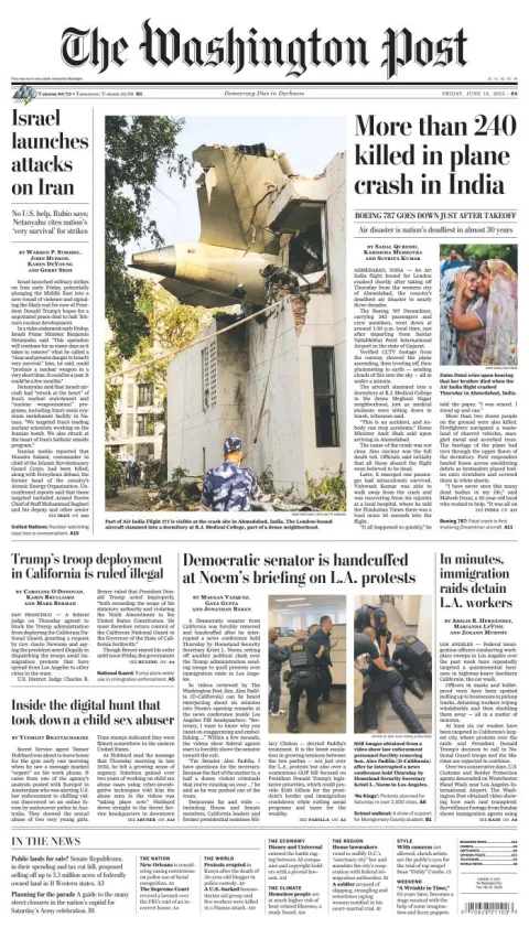Portada de The Washington Post del viernes, 13 de junio de 2025