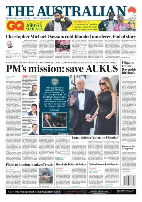 Portada de The Australian del viernes, 13 de junio de 2025