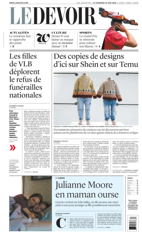Portada de Le Devoir del viernes, 13 de junio de 2025