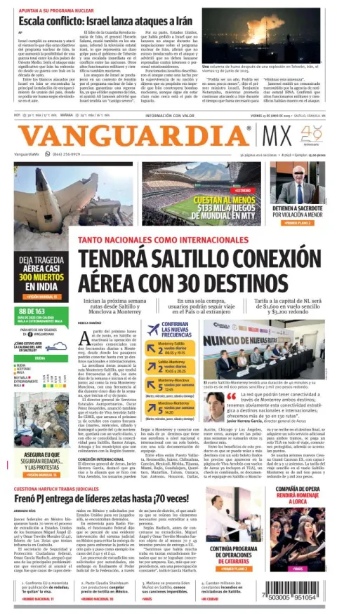 Portada de Vanguardia del viernes, 13 de junio de 2025