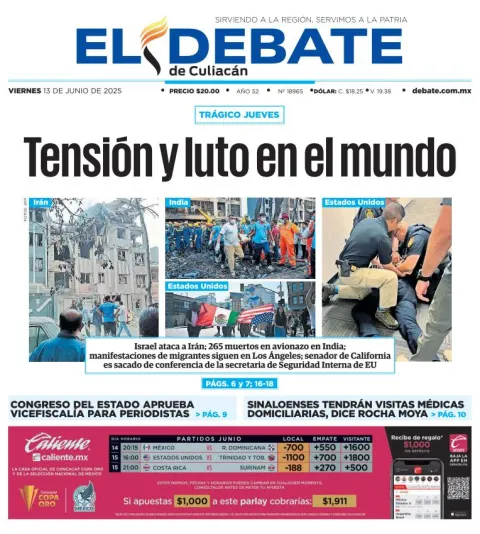 Portada de El Debate de Culiacan del viernes, 13 de junio de 2025