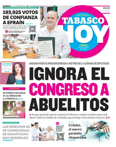 Portada de Tabasco Hoy del viernes, 13 de junio de 2025
