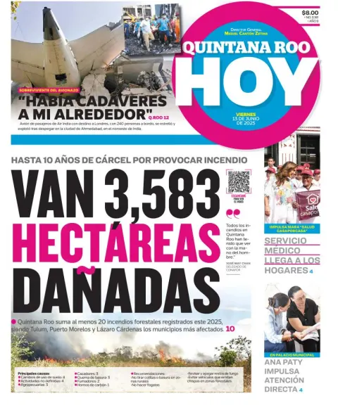 Portada de Quintana Roo Hoy del viernes, 13 de junio de 2025